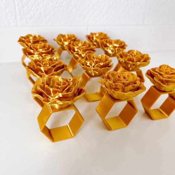 Elegant Rose Napkin Rings – Gold Satin - Handmade - Wedding Party Event Planner - Picture 13 of 14